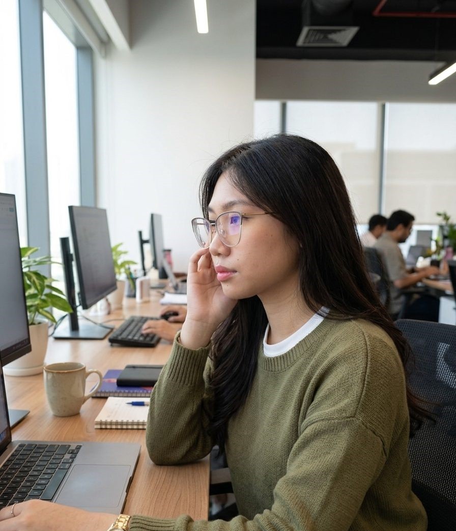 RC at her desk, working across multiple screens