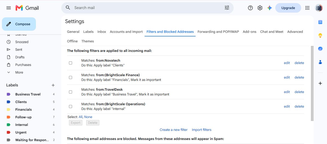 Gmail automation filters configured by sender