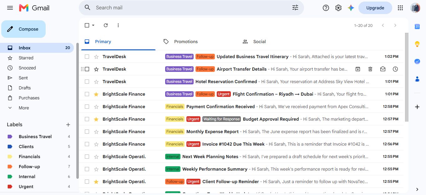 Inbox sorted with color-coded labels