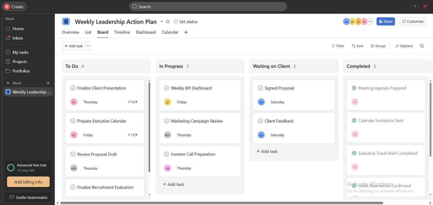 Asana Kanban board for Weekly Leadership Action Plan