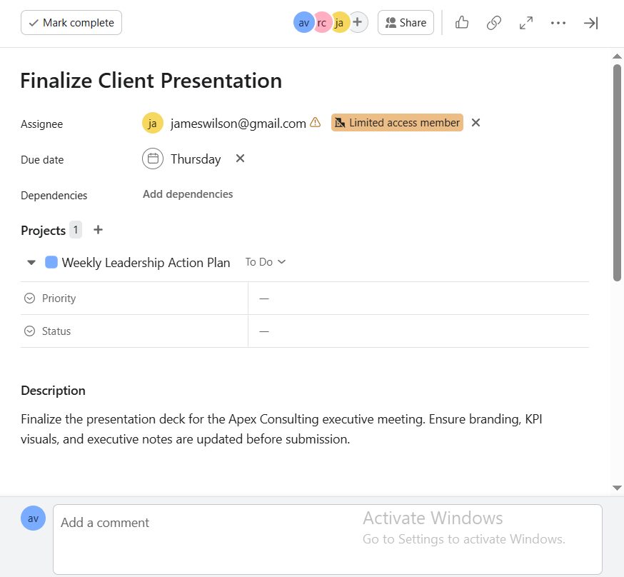 Asana task detail with assignee and description